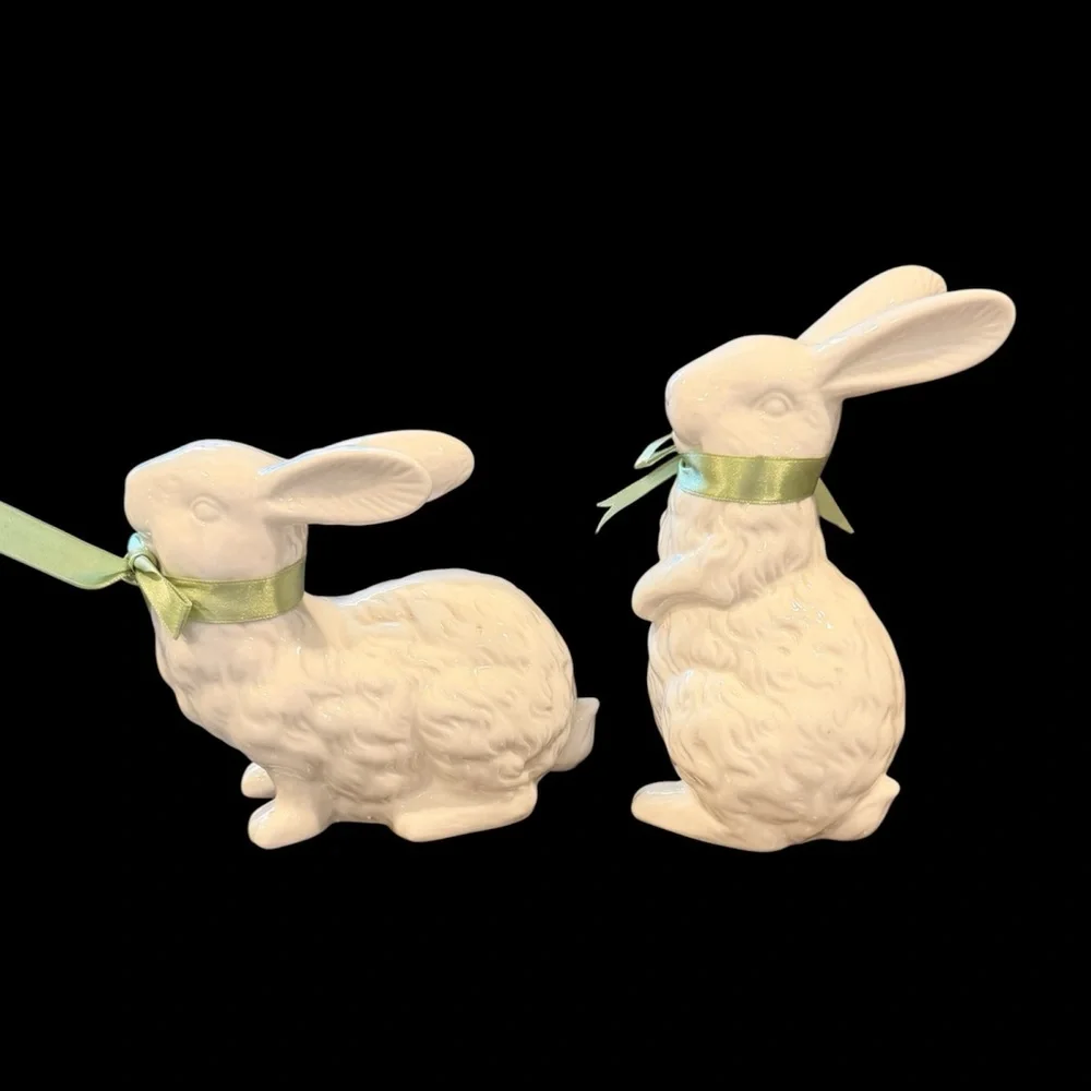 Vtg Pair of White Ceramic Bunny Figurines w/Green Bows-Spring - Picture 2 of 8